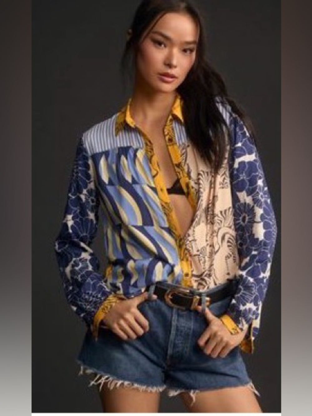 Maeve Mixed-Print Paz Button-Up Blouse